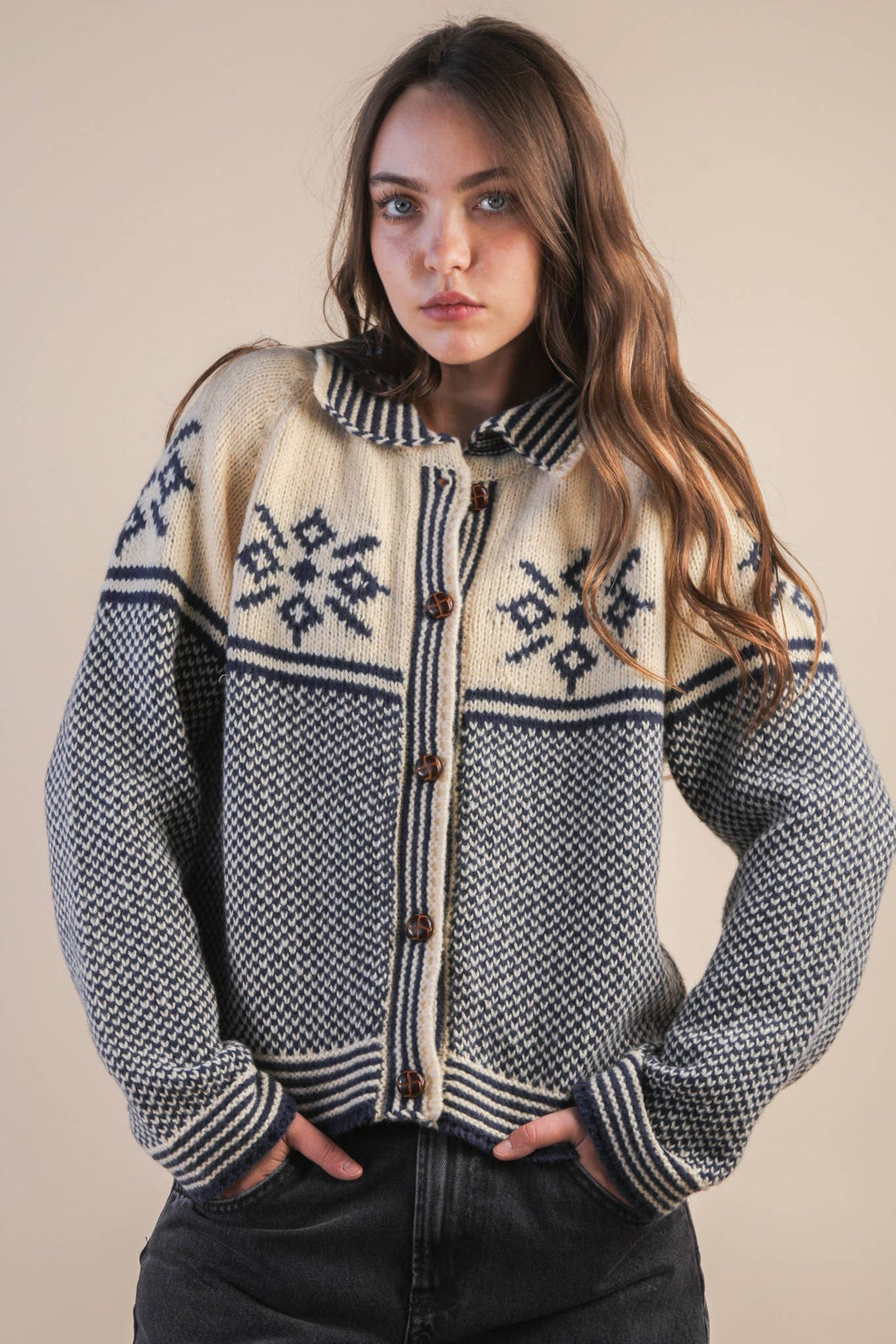 12W3511N-Graphic Collared Knit Sweater Cardigan: LATTE / S-M-L/2-2-2 - Baycreek & Co