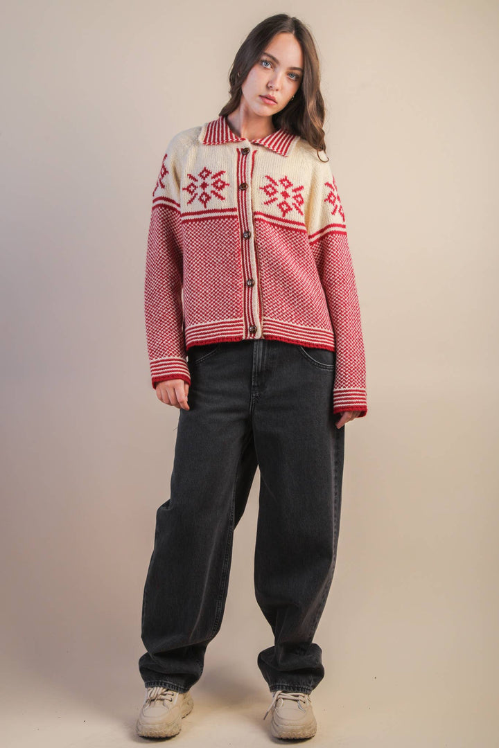 12W3511N-Graphic Collared Knit Sweater Cardigan: LATTE / S-M-L/2-2-2 - Baycreek & Co