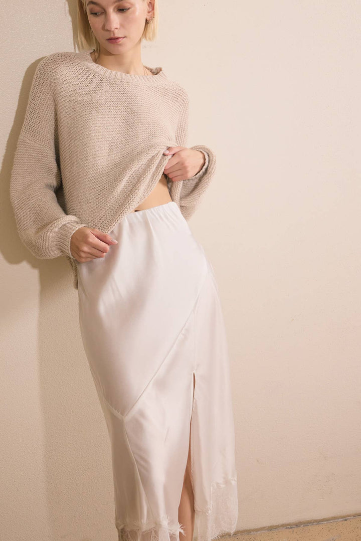 Lace Trim Satin effect Comfy Slit Midi Skirt - Baycreek & Co