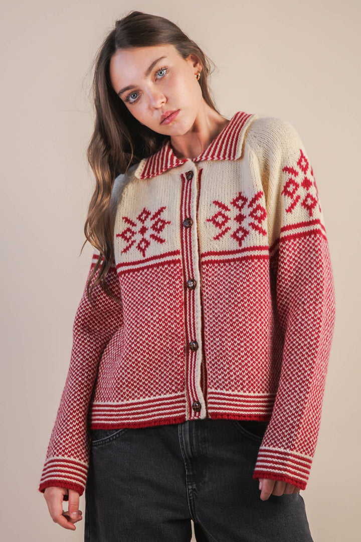 12W3511N-Graphic Collared Knit Sweater Cardigan: LATTE / S-M-L/2-2-2 - Baycreek & Co