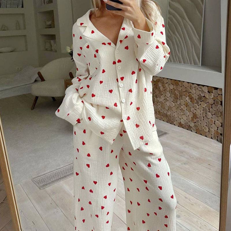 Heart Print Lounge Button Up Pajamas Set DP25F878 - Baycreek & Co