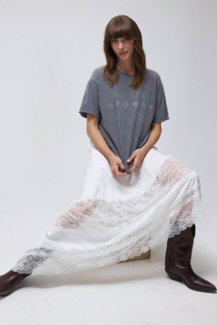 Lace Trim Asymmetrical Hem Satin Midi Skirt - Baycreek & Co