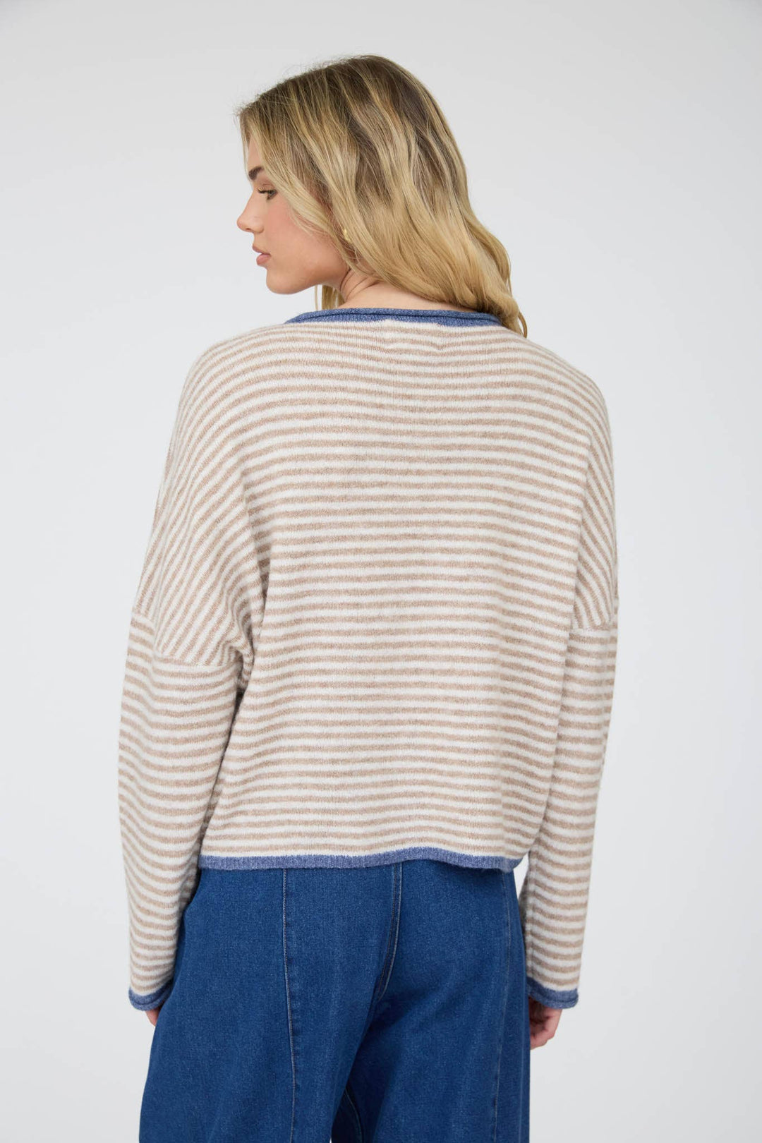 STRIPE RAW EDGE BUTTON DOWN LONG SLEEVE CARDIGAN - Baycreek & Co
