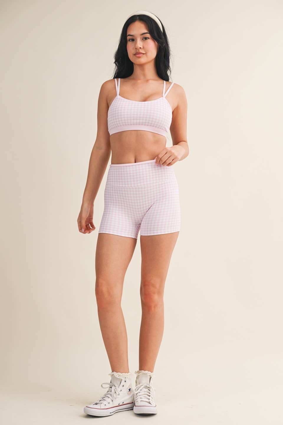 Gingham Print Double Layered Sports Bra - Baycreek & Co