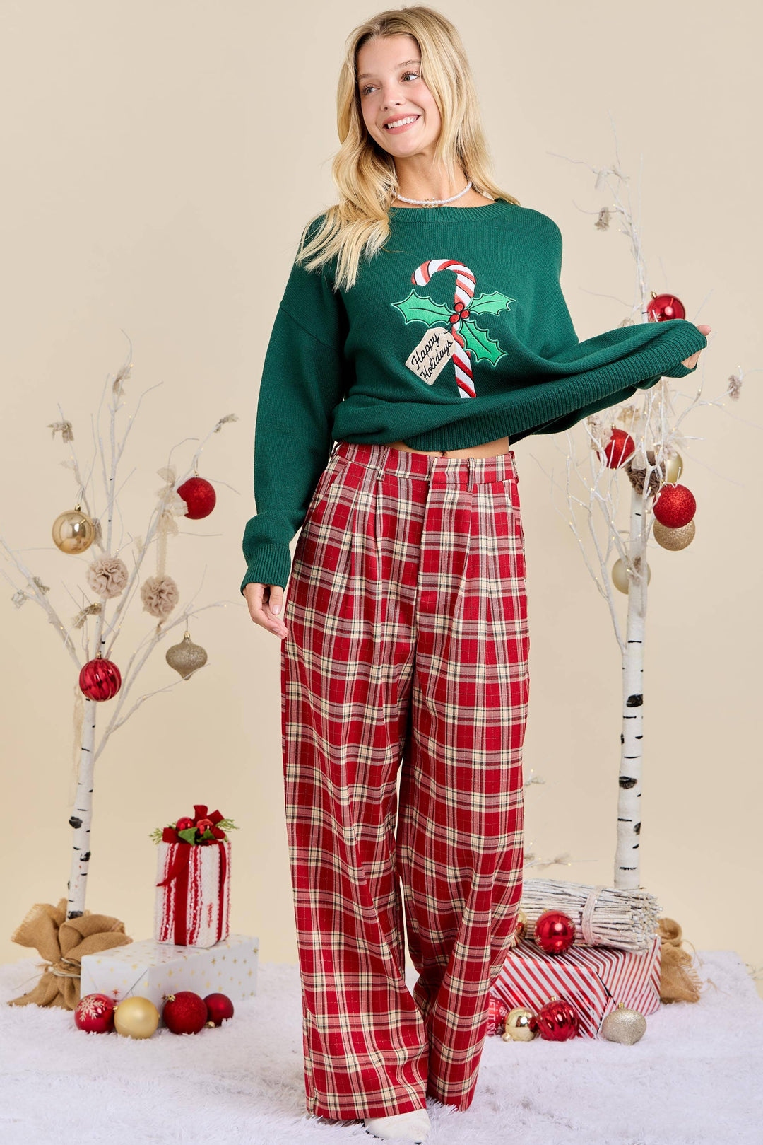 Red Plaid Wide Leg Pants