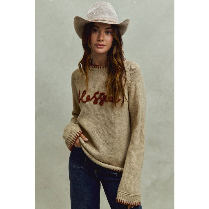 BLESSED THANKSGIVING LETTERING SWEATER TOP: OATMEAL/BRICK / M - Baycreek & Co