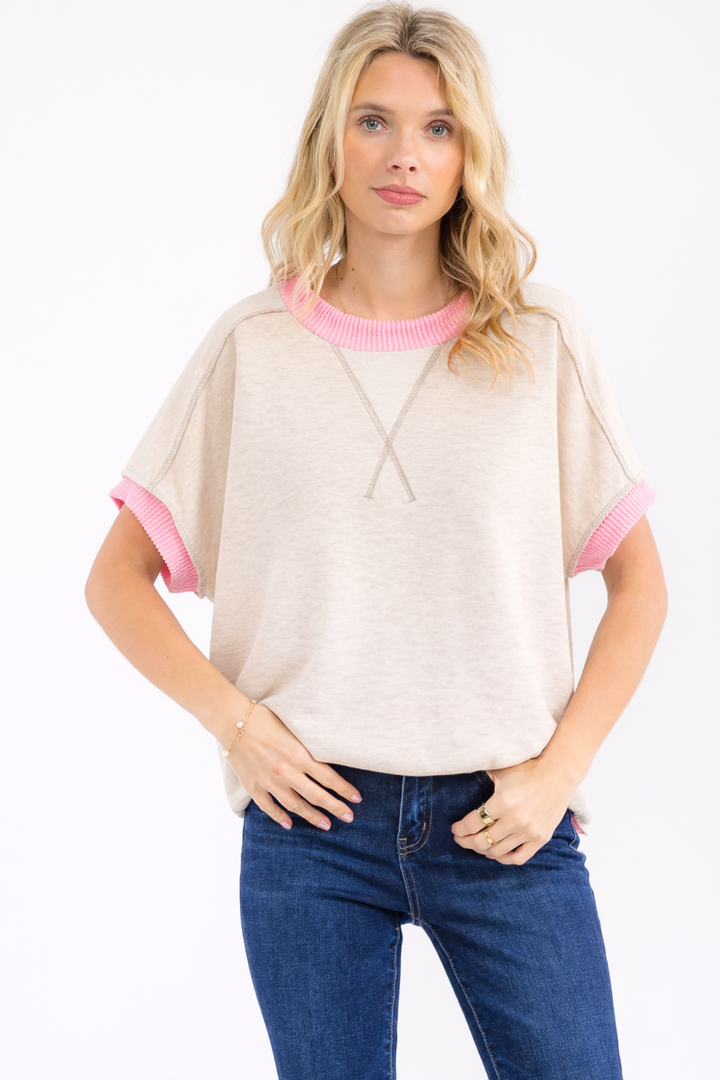 [PLUS SIZE] Textured Contrast Exposed Seam Top T6244XL - Baycreek & Co