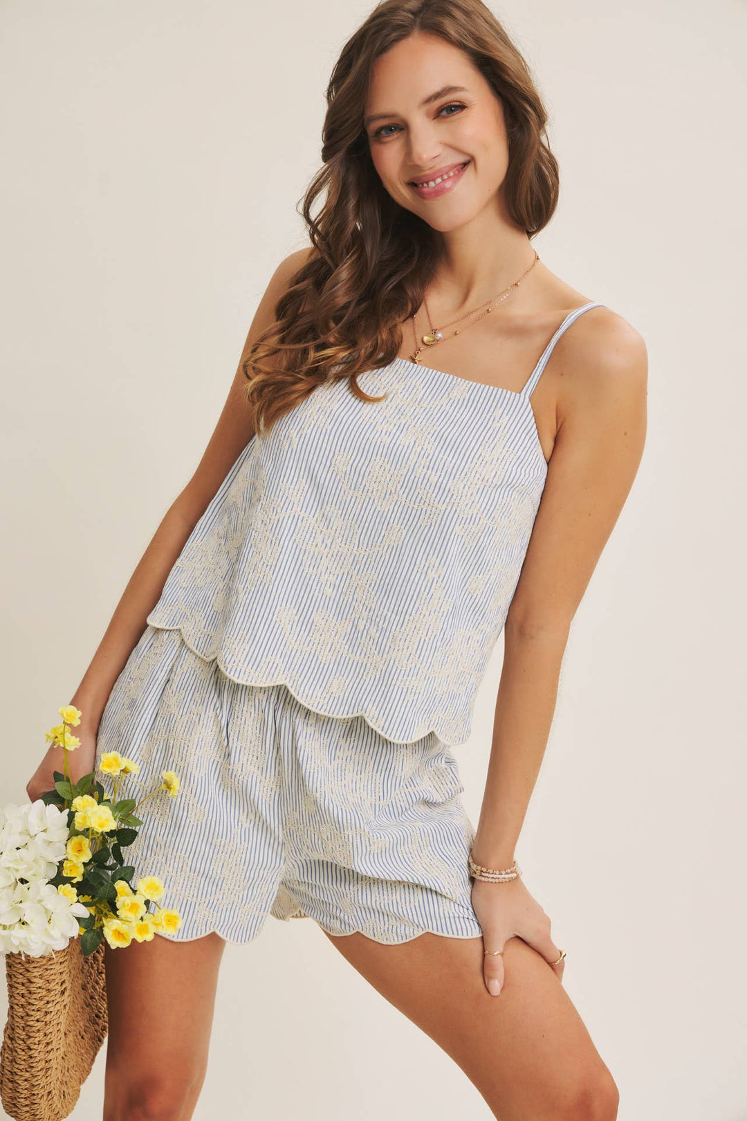 VERSATILE SUMMER STAPLE STRIPE EMBROIDERED SCALLOP TANK TOP - Baycreek & Co