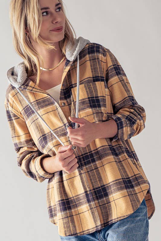 PLAID BUTTON UP FLECCE LINED HOODIE TOP: SAFFRON / S-2/M-2/L-2 - Baycreek & Co