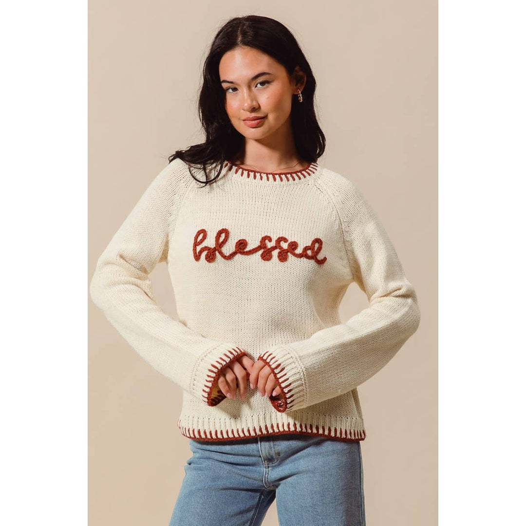 BLESSED THANKSGIVING LETTERING SWEATER TOP: OATMEAL/BRICK / M - Baycreek & Co