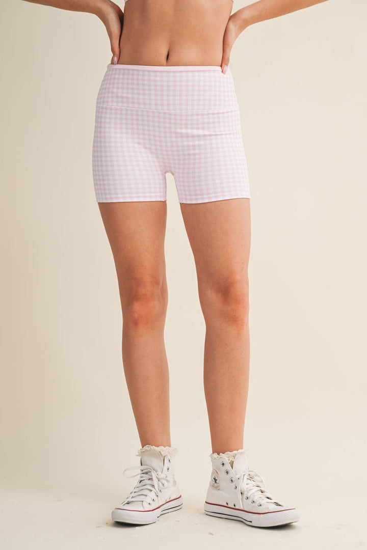 Gingham Print Contrast Binding Biker Shorts - Baycreek & Co
