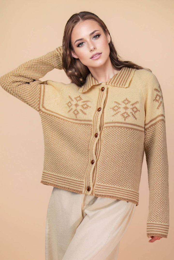12W3511N-Graphic Collared Knit Sweater Cardigan: LATTE / S-M-L/2-2-2 - Baycreek & Co