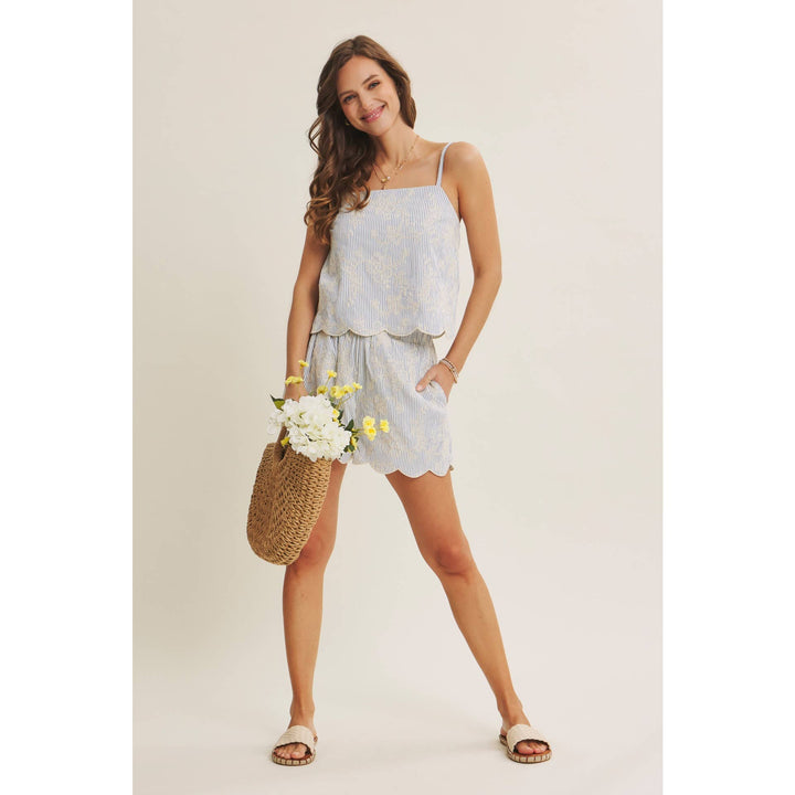 VERSATILE SUMMER STAPLE STRIPE EMBROIDERED SCALLOP TANK TOP - Baycreek & Co