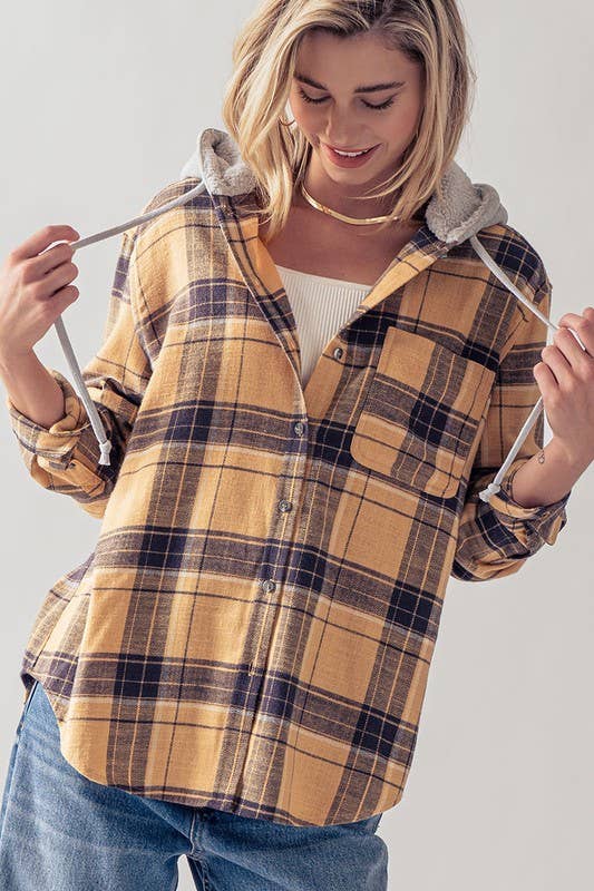 PLAID BUTTON UP FLECCE LINED HOODIE TOP: SAFFRON / S-2/M-2/L-2 - Baycreek & Co