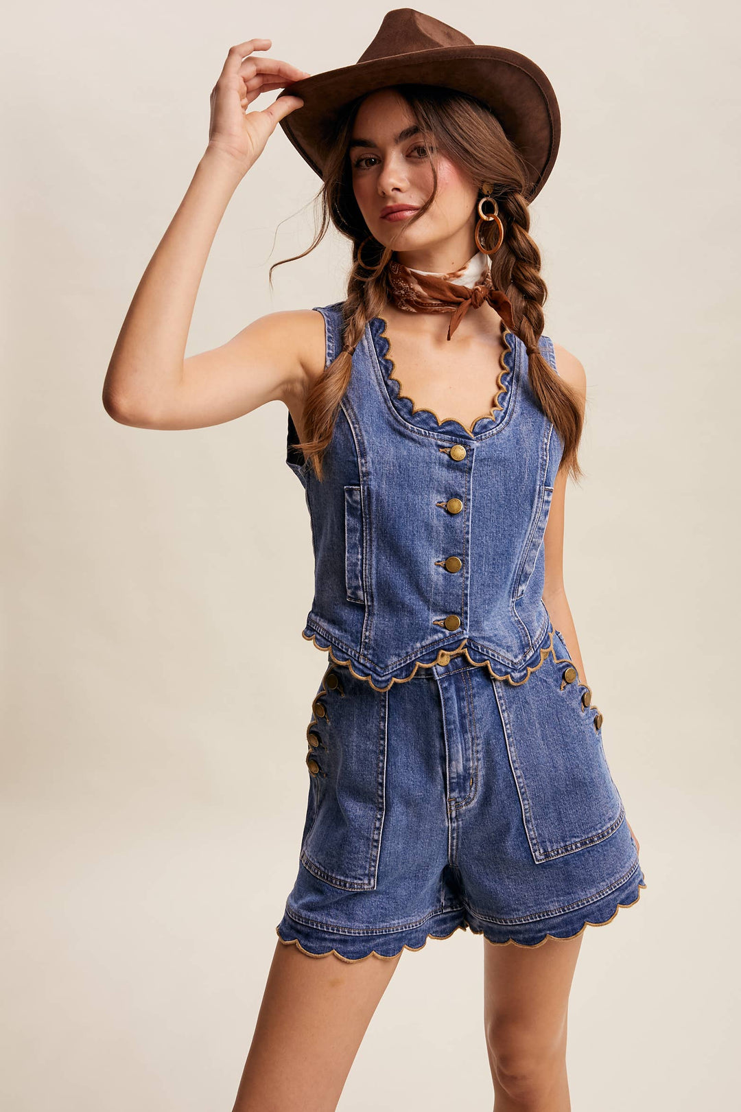 Scallop Button-Side Stretch Denim Shorts LP0277 - Baycreek & Co