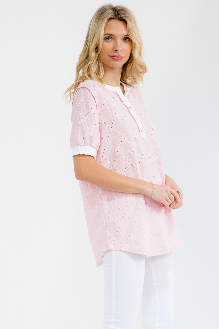 [PLUS SIZE] Short Sleeve Lace Knit Henley Top T6221XL - Baycreek & Co