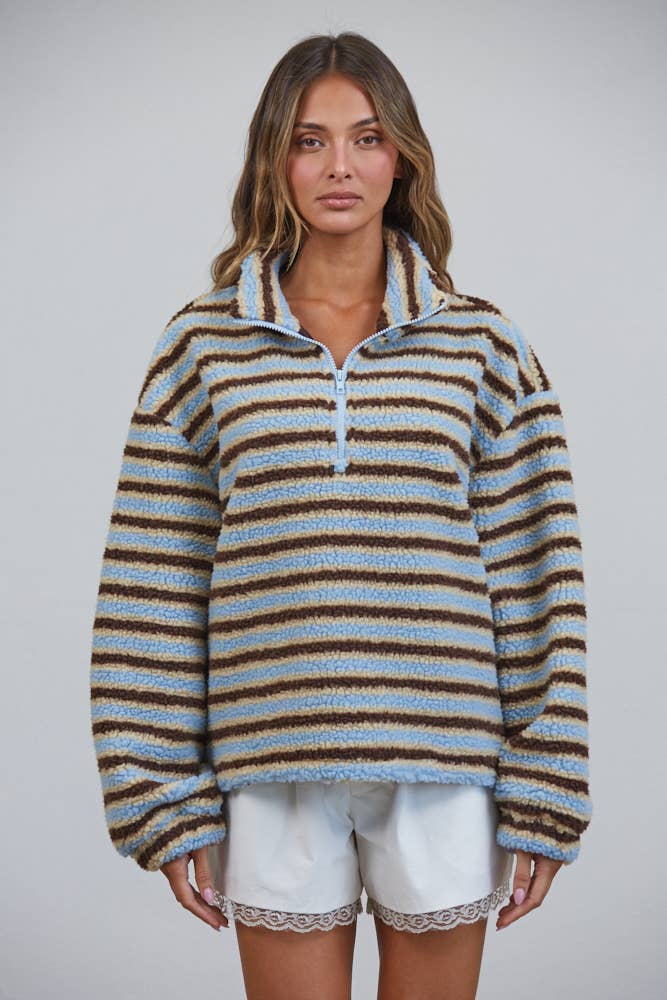 T3535 Relaxed Sherpa Striped Half Zip Pullover - Baycreek & Co