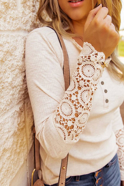 Crochet Lace Hem Sleeve Button Top