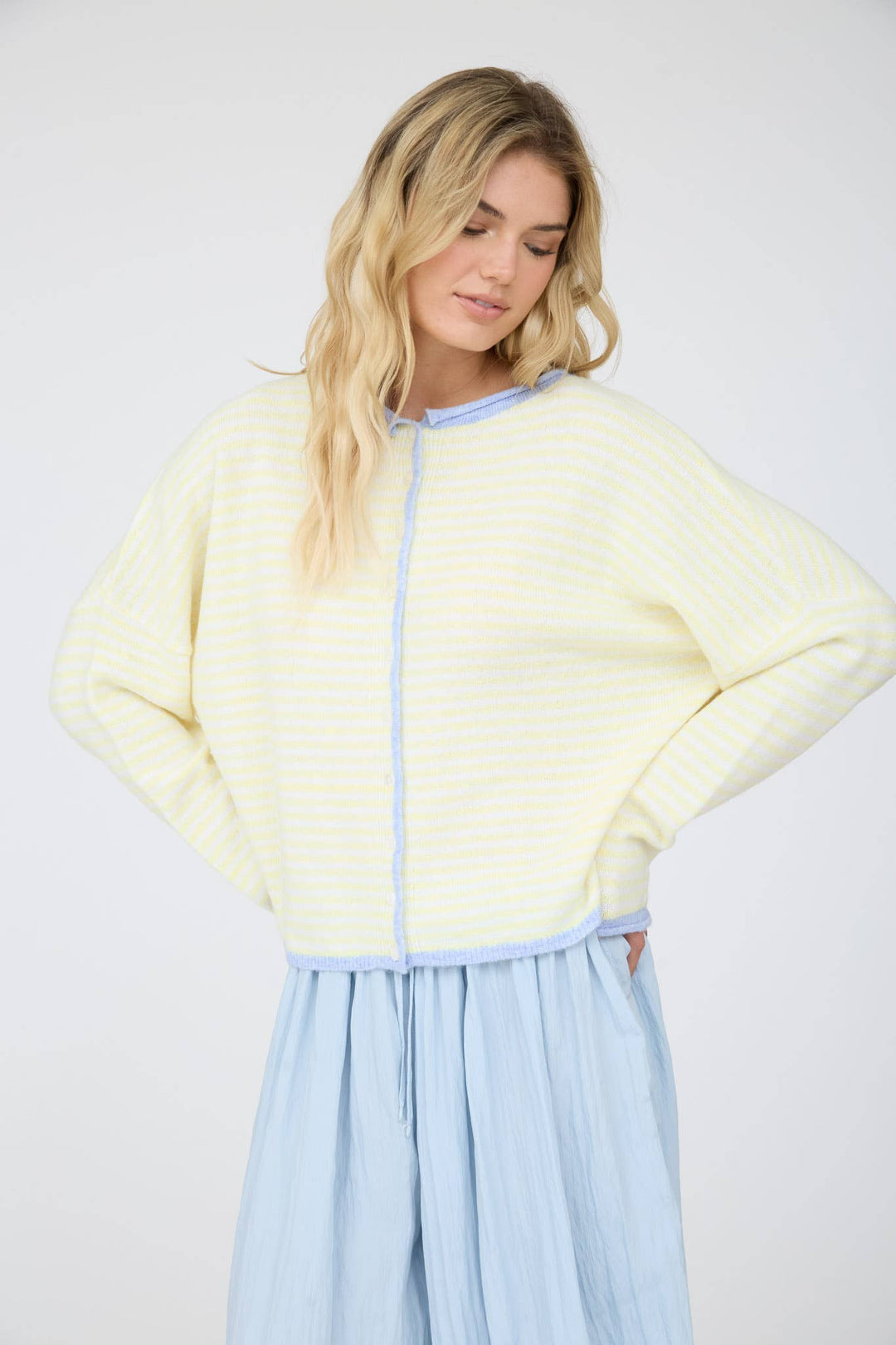 STRIPE RAW EDGE BUTTON DOWN LONG SLEEVE CARDIGAN - Baycreek & Co