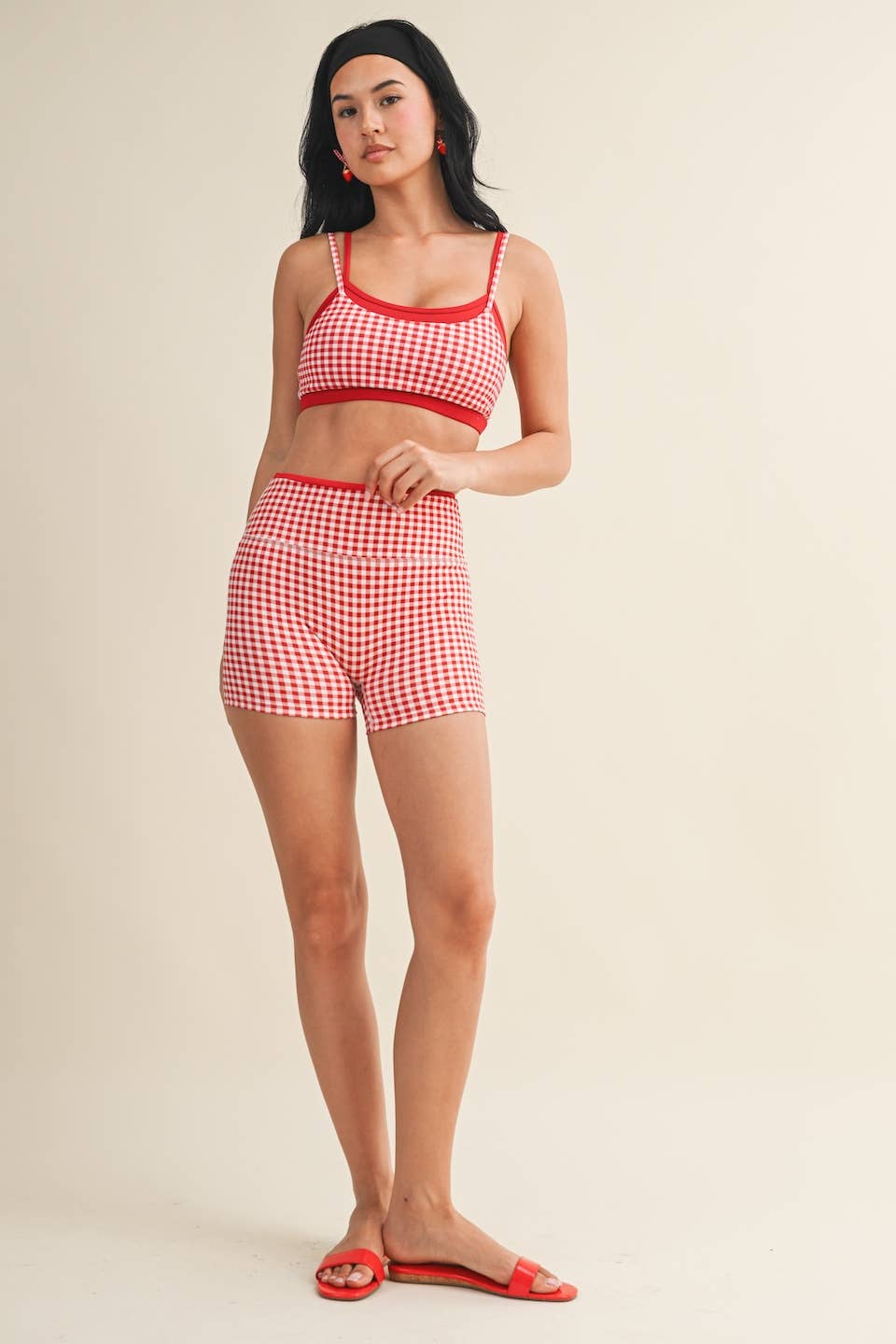 Gingham Print Double Layered Sports Bra - Baycreek & Co