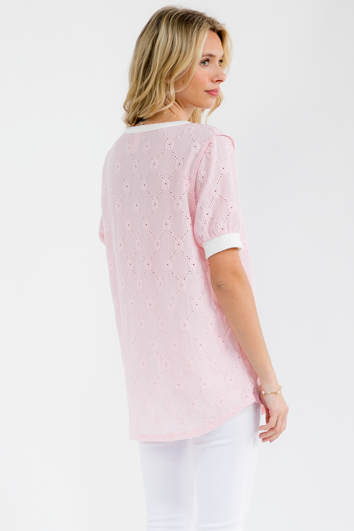 [PLUS SIZE] Short Sleeve Lace Knit Henley Top T6221XL - Baycreek & Co