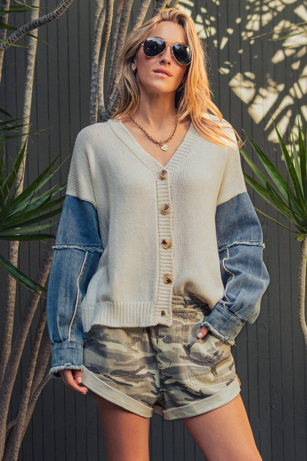 Mixed Media Flag Denim Sleeve Cardigan - Baycreek & Co