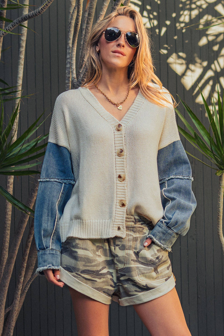 Mixed Media Flag Denim Sleeve Cardigan - Baycreek & Co