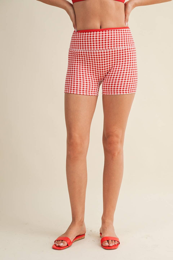 Gingham Print Contrast Binding Biker Shorts - Baycreek & Co