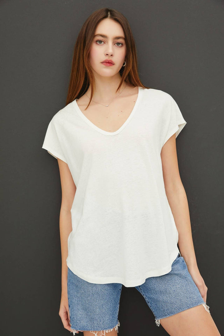 White V-neck Linen Tee