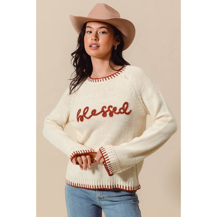 BLESSED THANKSGIVING LETTERING SWEATER TOP: OATMEAL/BRICK / M - Baycreek & Co