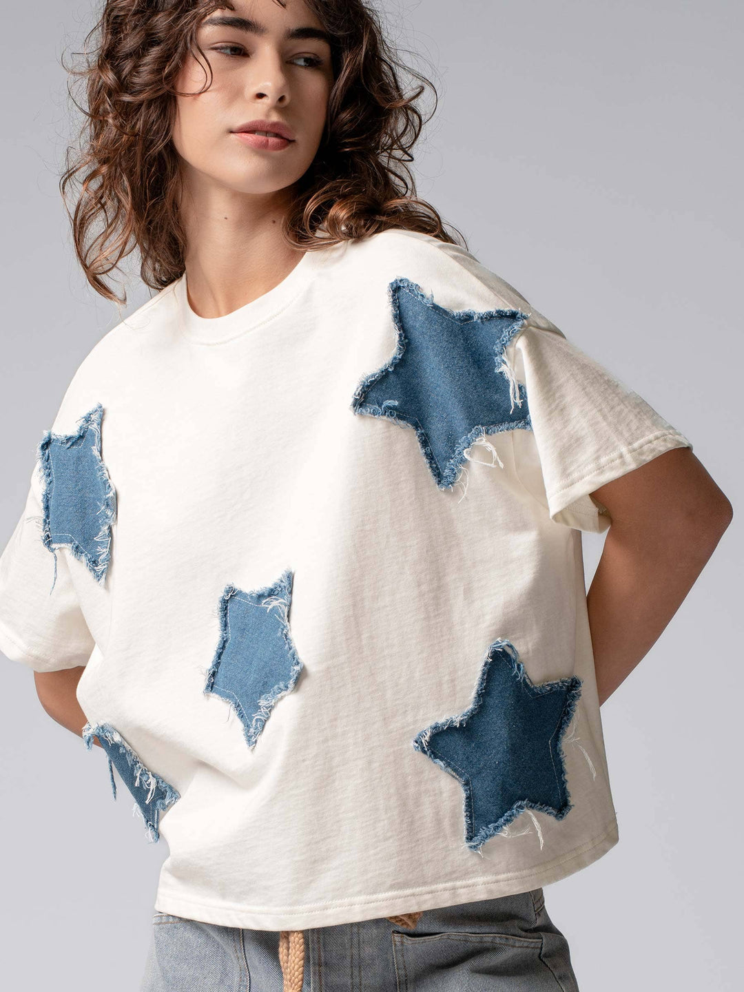 Distressed Denim Star Appliqué Cotton Tee - Baycreek & Co