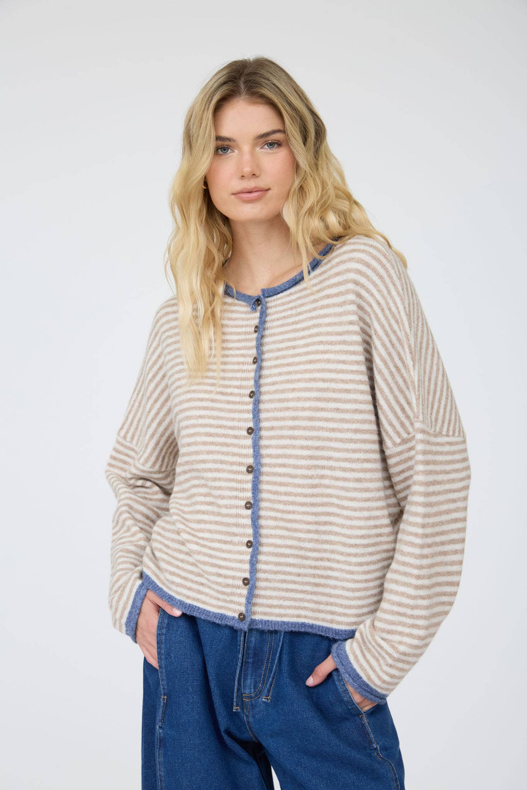 STRIPE RAW EDGE BUTTON DOWN LONG SLEEVE CARDIGAN - Baycreek & Co