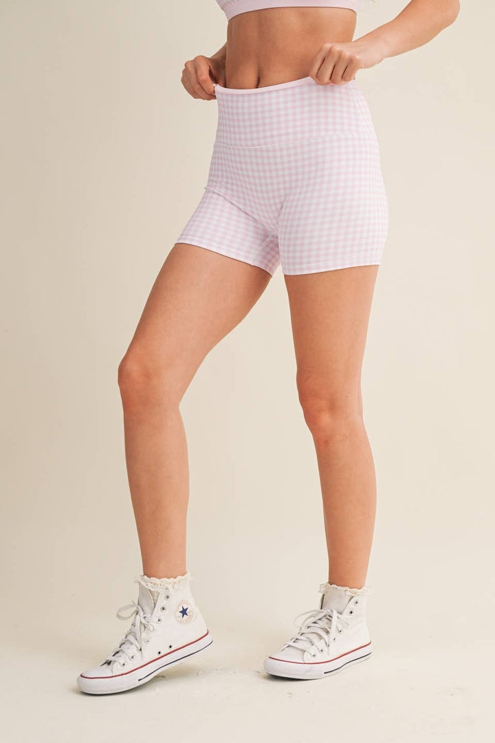 Gingham Print Contrast Binding Biker Shorts - Baycreek & Co