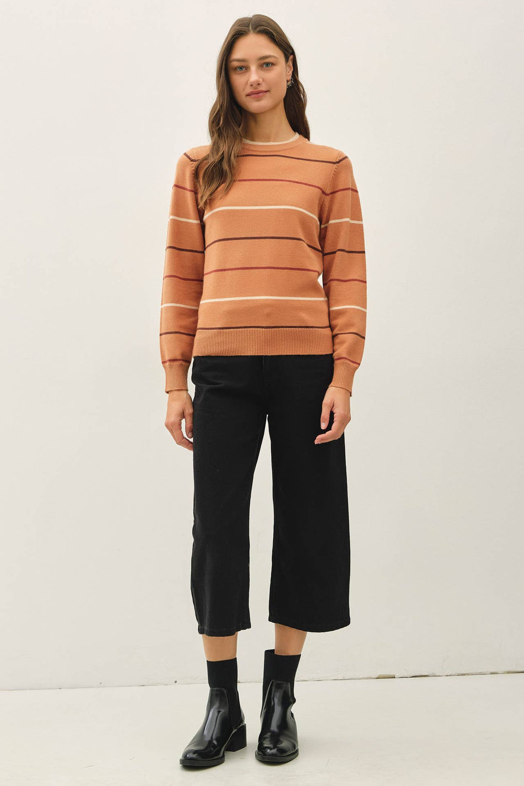 DOUBLE LAYERED LOOK  STRIPE SWEATER TOP : TERRACOTTA / M - Baycreek & Co