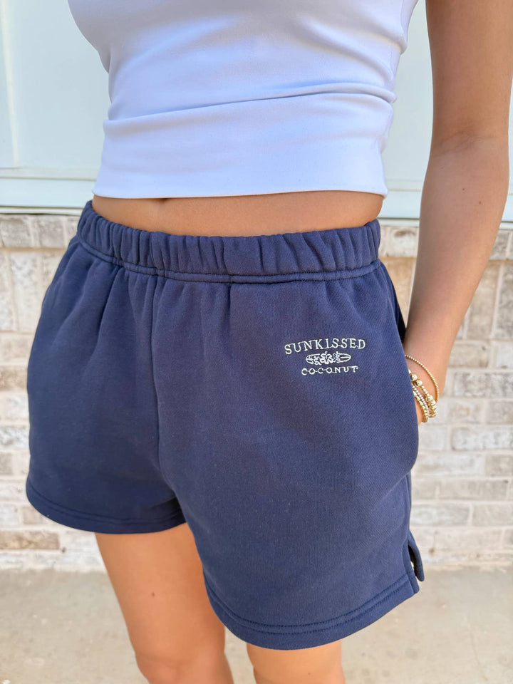 Navy Blue Embroidered Sweat Shorts 100% Cotton - Baycreek & Co