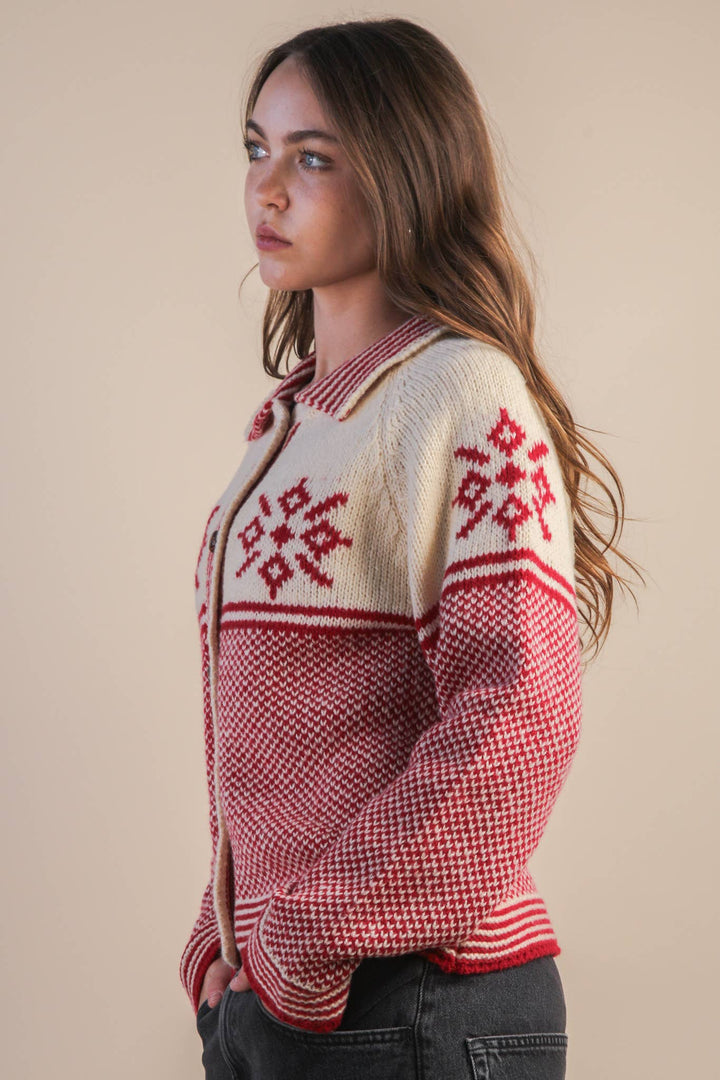 12W3511N-Graphic Collared Knit Sweater Cardigan: LATTE / S-M-L/2-2-2 - Baycreek & Co