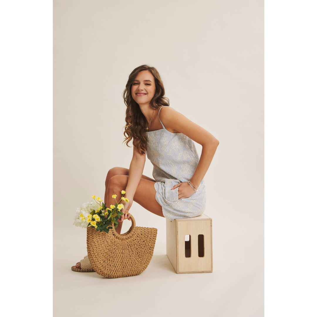 VERSATILE SUMMER STAPLE STRIPE EMBROIDERED SCALLOP SHORTS - Baycreek & Co