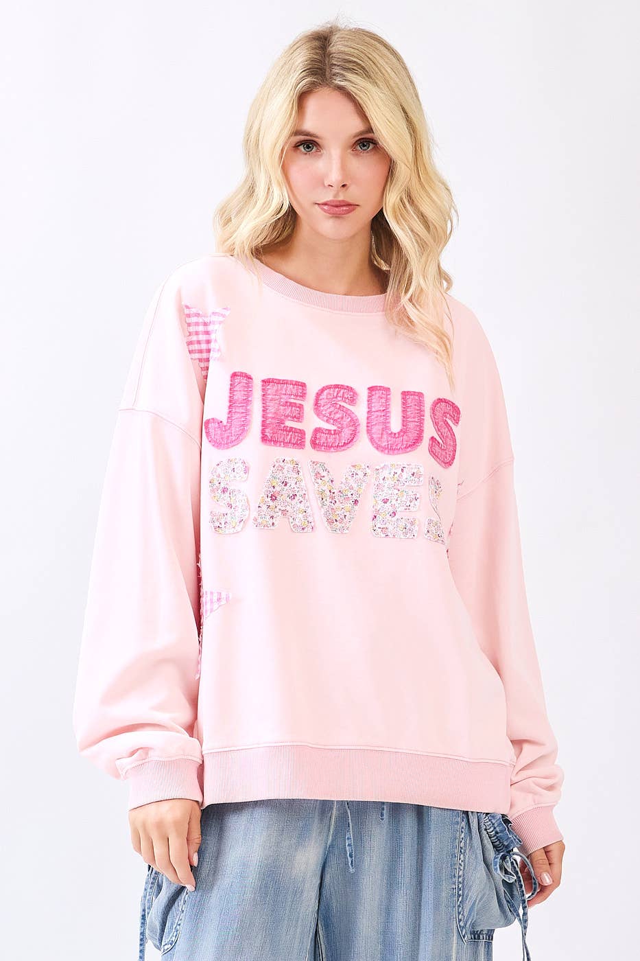 JESUS SAVES PATCHWORK CREW NECK SWEATSHIRT: ICY PINK / S-M-L(2-2-2) - Baycreek & Co