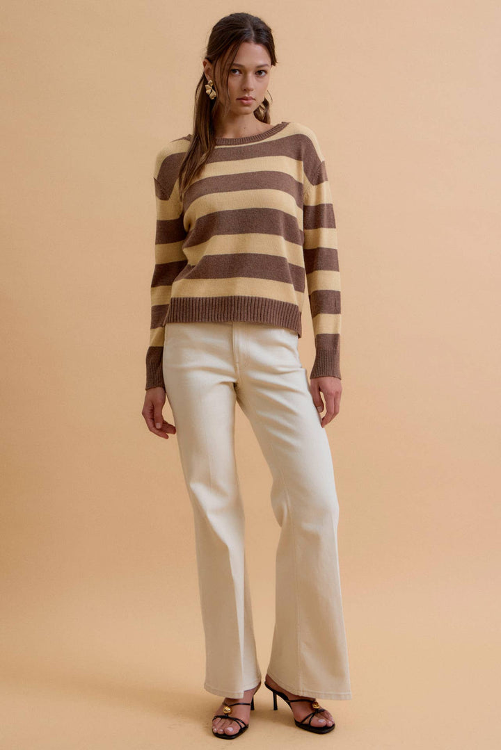 ANGORA BLEND RELAXED FIT WIDE STRIPED SWEATER: MOCHA / L - Baycreek & Co