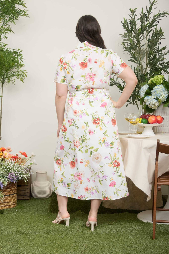 PLUS FLORAL SHORT SLEEVE BELTED MIDI SHIRT DRESS - Baycreek & Co
