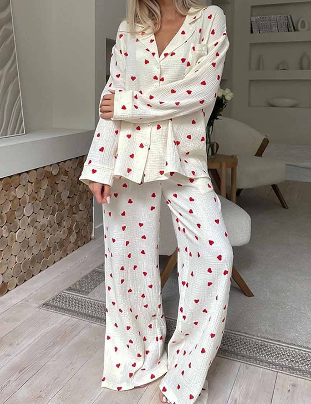 Heart Print Lounge Button Up Pajamas Set DP25F878 - Baycreek & Co