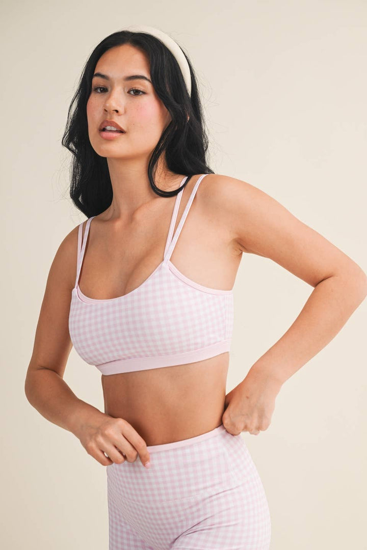 Gingham Print Double Layered Sports Bra - Baycreek & Co