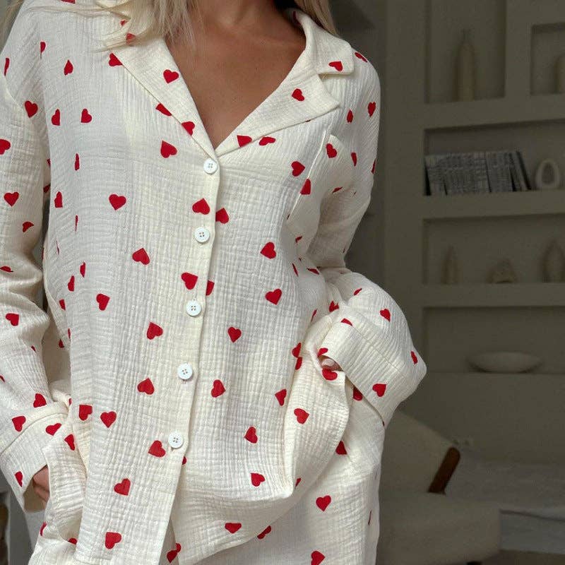 Heart Print Lounge Button Up Pajamas Set DP25F878 - Baycreek & Co