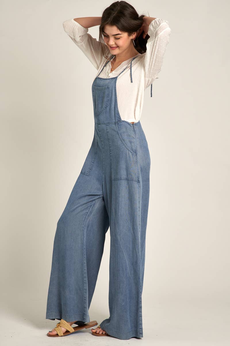 Tie Shoulder Soft Denim Jumpsuit