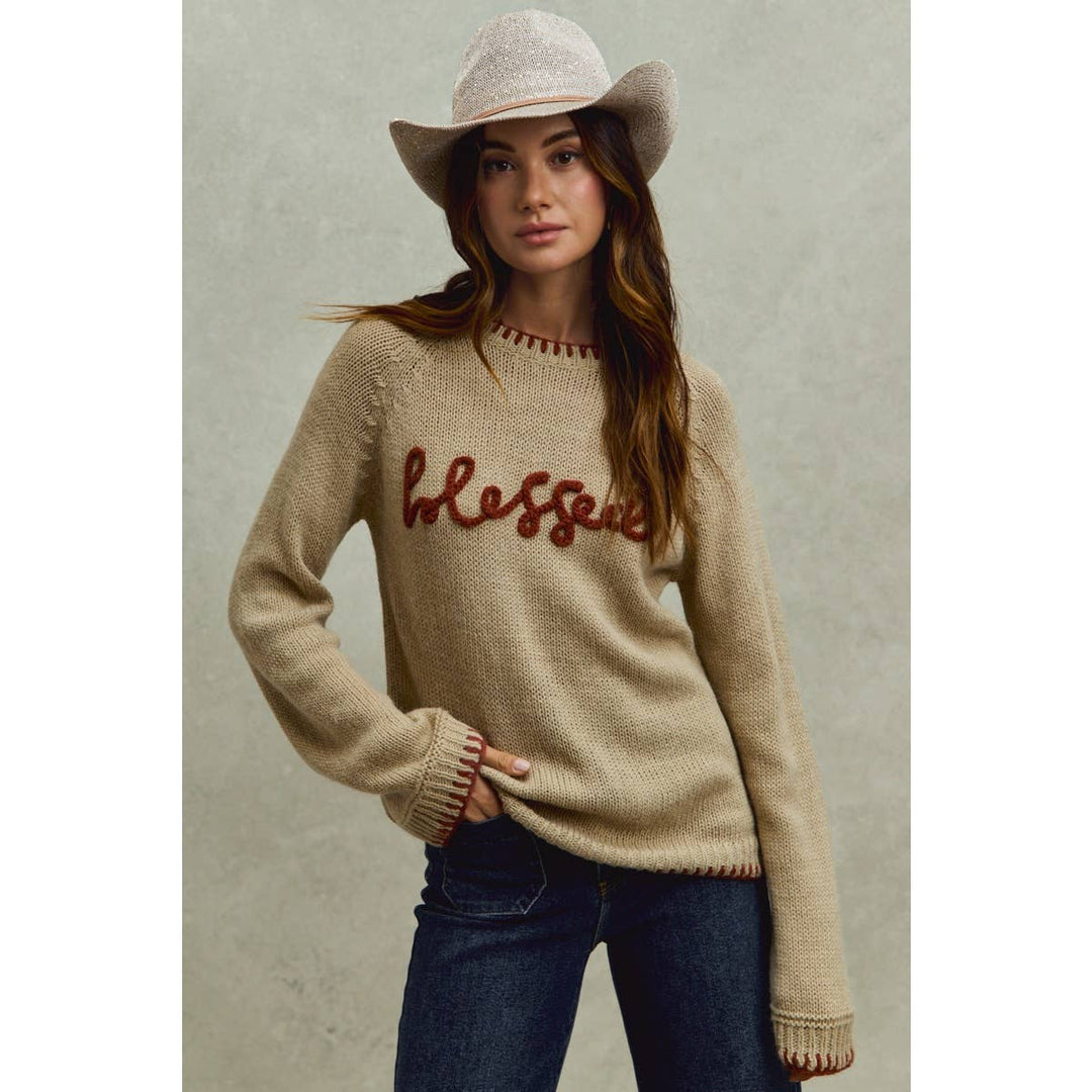 BLESSED THANKSGIVING LETTERING SWEATER TOP: OATMEAL/BRICK / M - Baycreek & Co