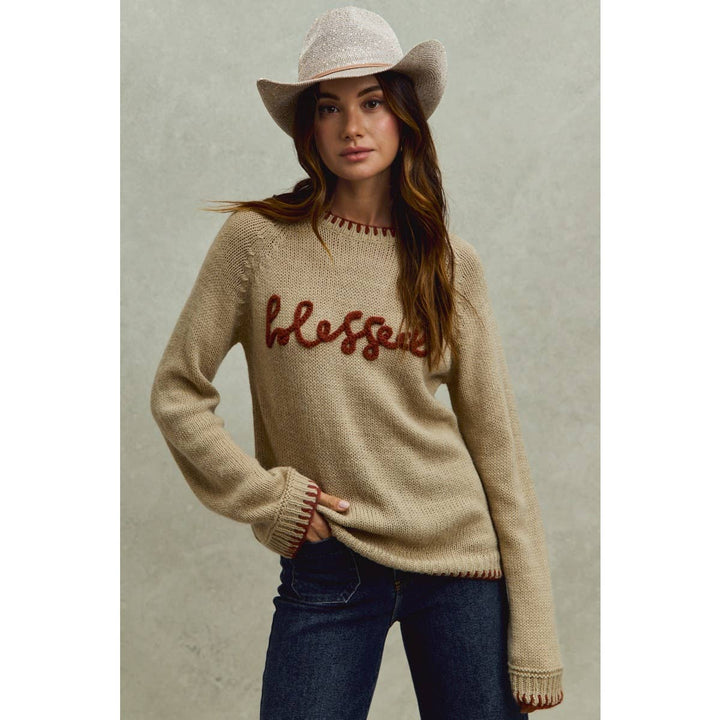 BLESSED THANKSGIVING LETTERING SWEATER TOP: OATMEAL/BRICK / M - Baycreek & Co