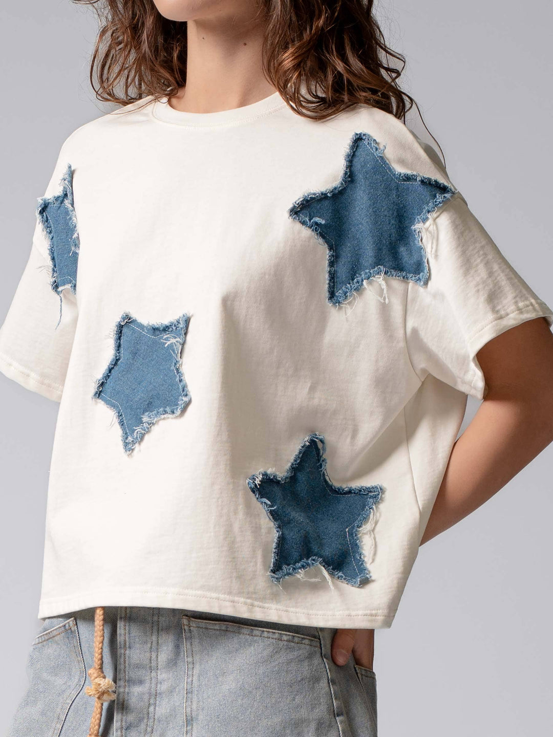 Distressed Denim Star Appliqué Cotton Tee - Baycreek & Co