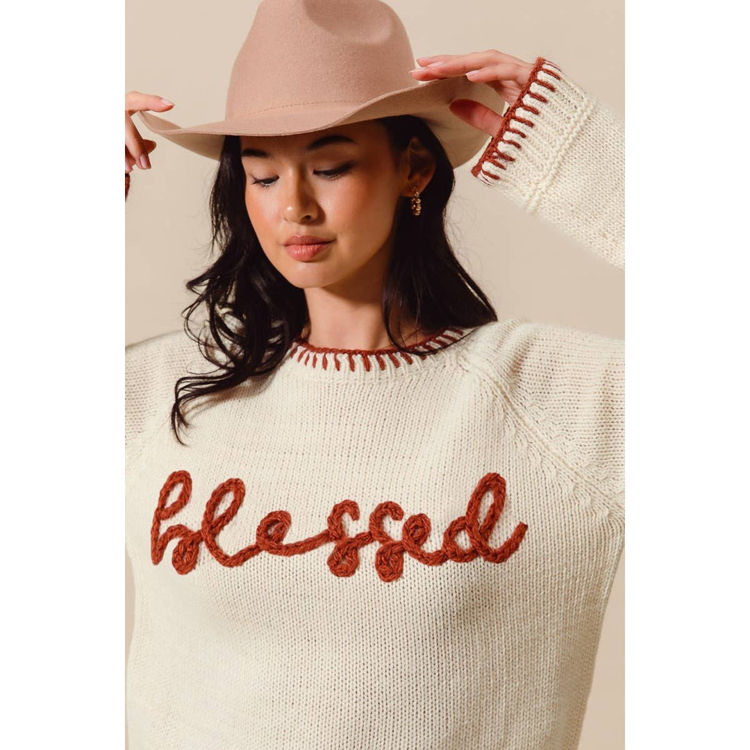 BLESSED THANKSGIVING LETTERING SWEATER TOP: OATMEAL/BRICK / M - Baycreek & Co