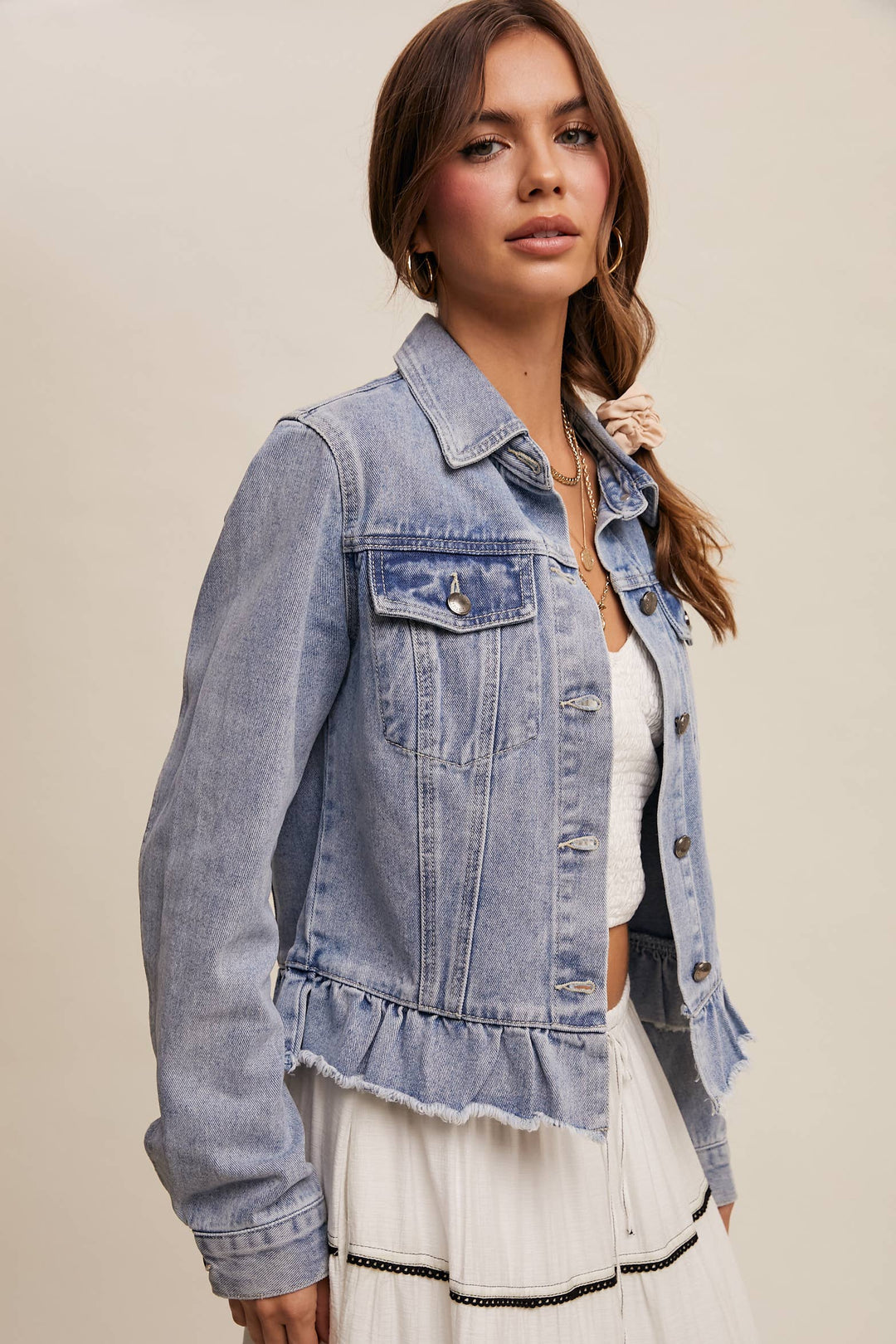 Ruffled Hem Denim Jacket - Baycreek & Co