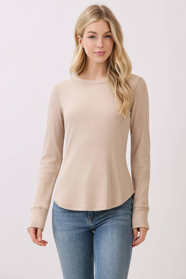 Ribbed Crew Neck Long Sleeve Fitted Top - VJT300022 - Baycreek & Co